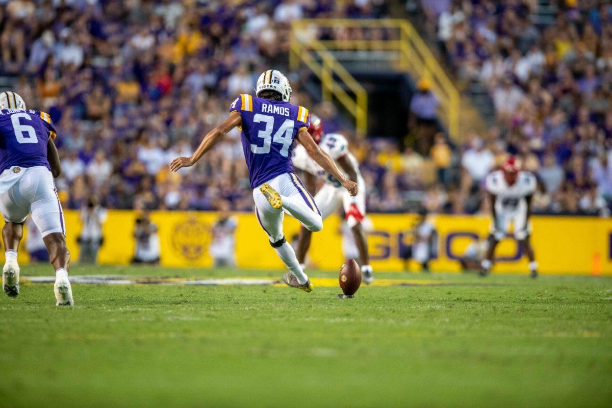 LSU football freshman placekicker Damian Ramos (34) kicks the ball on Saturday, Sept. 24, 2022, during the LSU vs New Mexico game in Tiger Stadium&#160;in Baton Rouge, La.