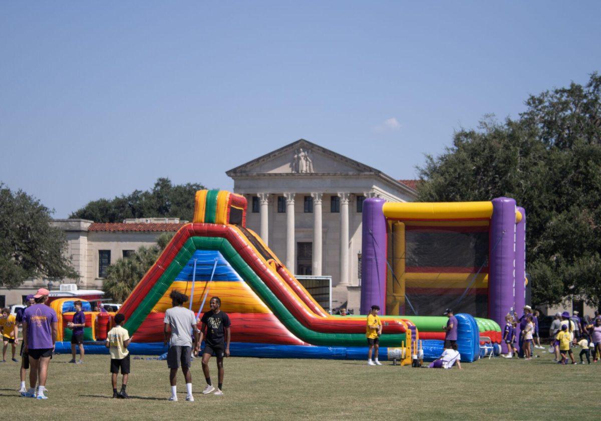 Inflatables sit at the LSU Family Weekend Tailgate on Saturday, Sept. 24, 2022, on the LSU Parade Ground in Baton Rouge, La.