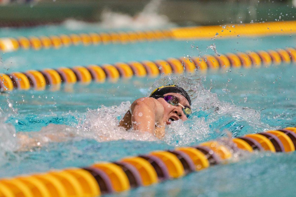 LSU swim freshman Chloe Cheng competes in the 500-yard freestyle on Friday, Sept. 23, 2022, during LSU&#8217;s victory over Tulane and Vanderbilt at the LSU Natatorium on Nicholson Drive in Baton Rouge, La.