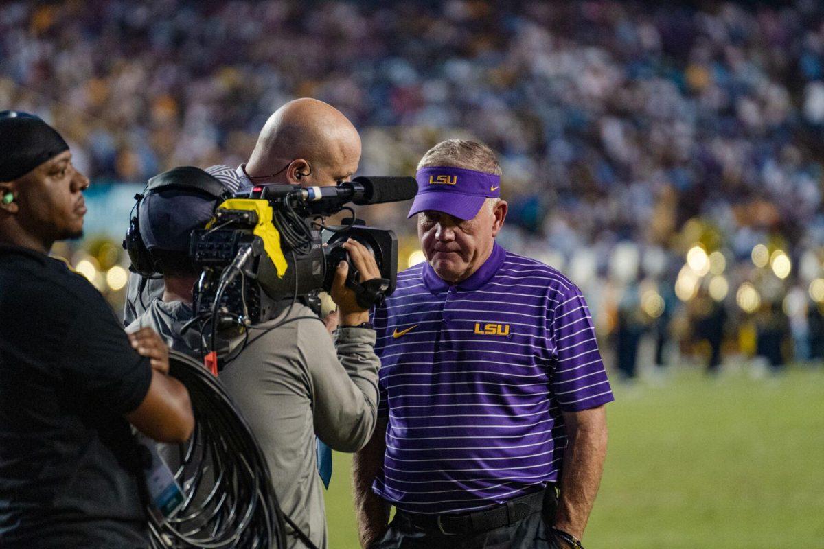 LSU football head coach Brian Kelly answers a reporter&#8217;s questions at halftime on Saturday, Sept. 10, 2022, during LSU&#8217;s 65-17 win over Southern at Tiger Stadium in Baton Rouge, La.