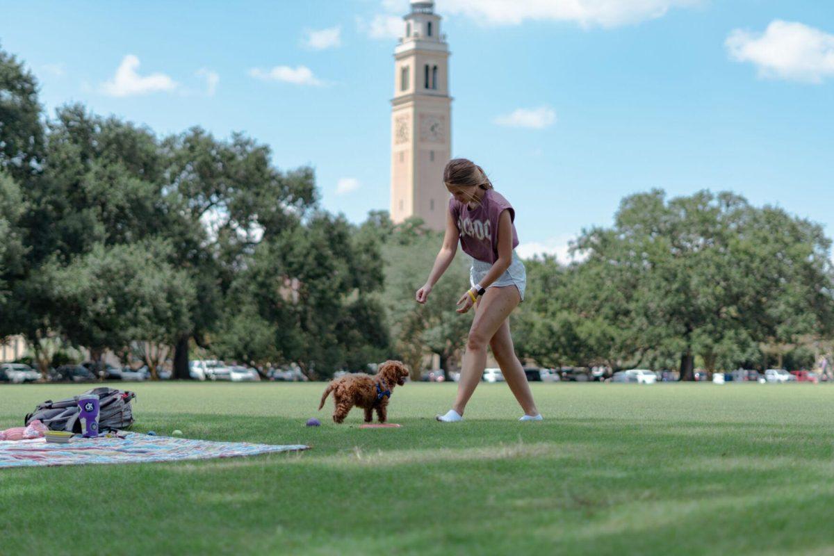 LSU kinesiology senior Caitlin Mathes tries to coax her dog Cooper into playing on Friday, Sept. 9, 2022, on the Parade Ground on Highland Road in Baton Rouge, La.