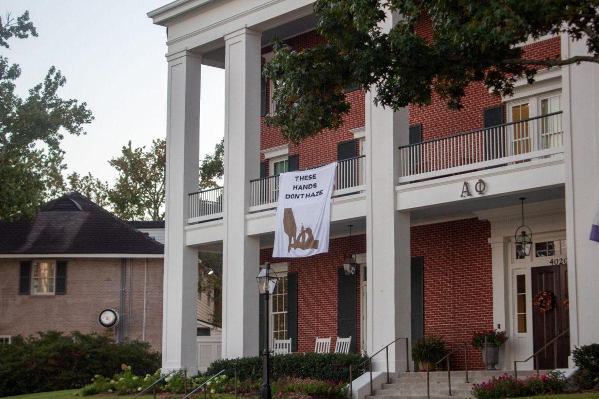 A hazing prevention week banner hangs outside the Alpha Phi sorority house on Friday, Sept. 23, 2022, on W Lakeshore Drive in Baton Rouge, La.