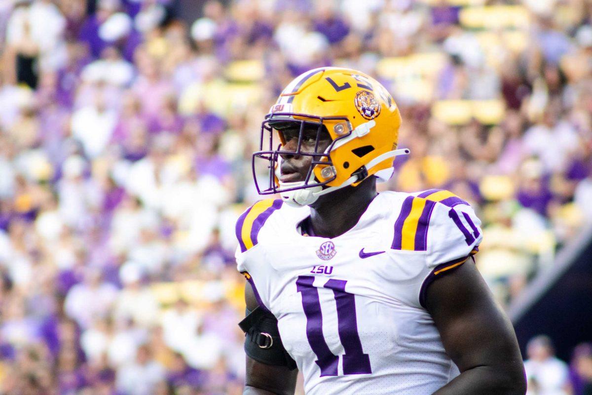 LSU football fifth-year senior defensive end Ali Gaye (11) runs off the field Saturday, Sept. 17, 2022 during LSU&#8217;s 31-16 win against Mississippi State at Tiger Stadium in Baton Rouge, La.