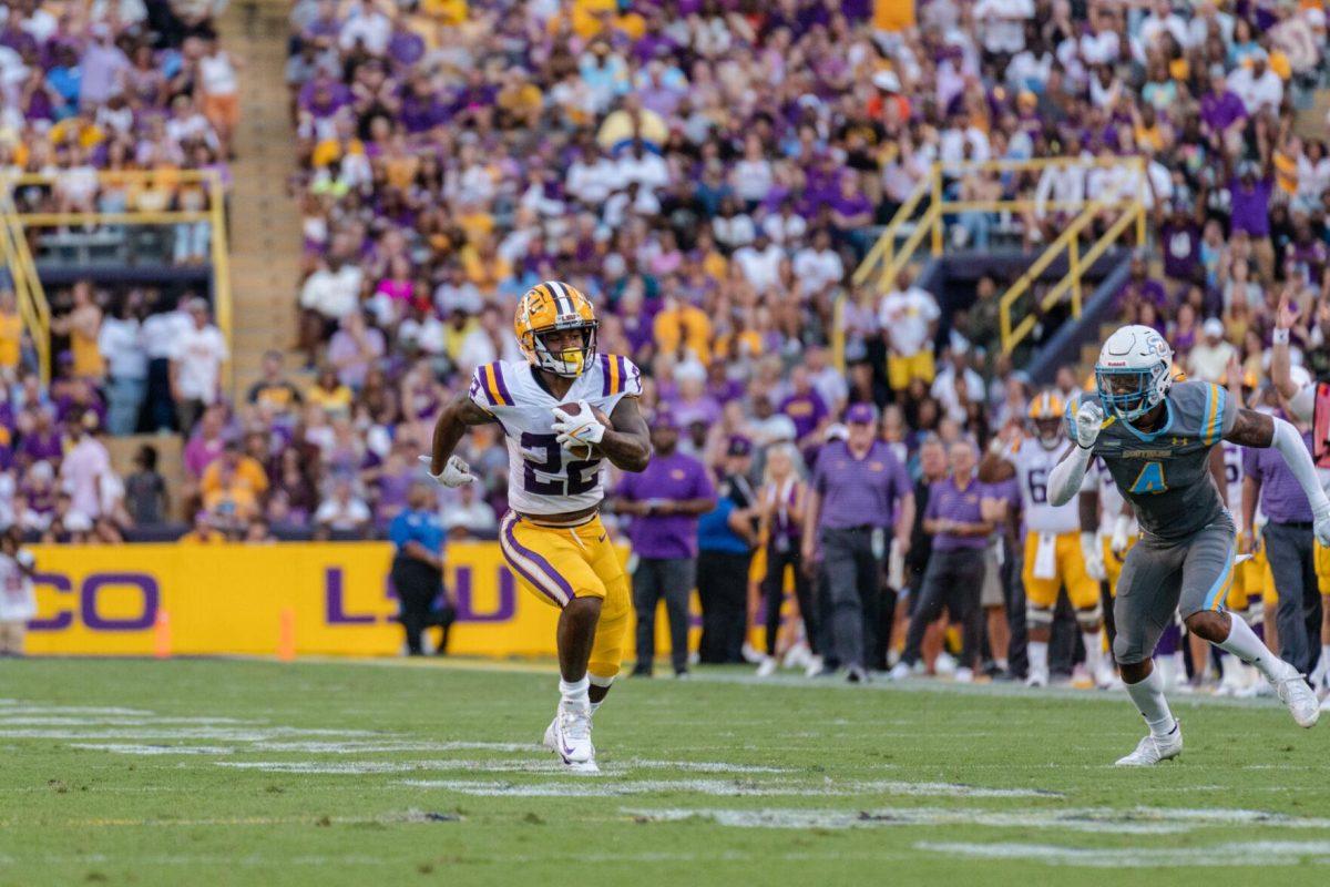 LSU football sophomore running back Armoni Goodwin (22) sprints down the field on Saturday, Sept. 10, 2022, during LSU&#8217;s 65-17 win over Southern at Tiger Stadium in Baton Rouge, La.