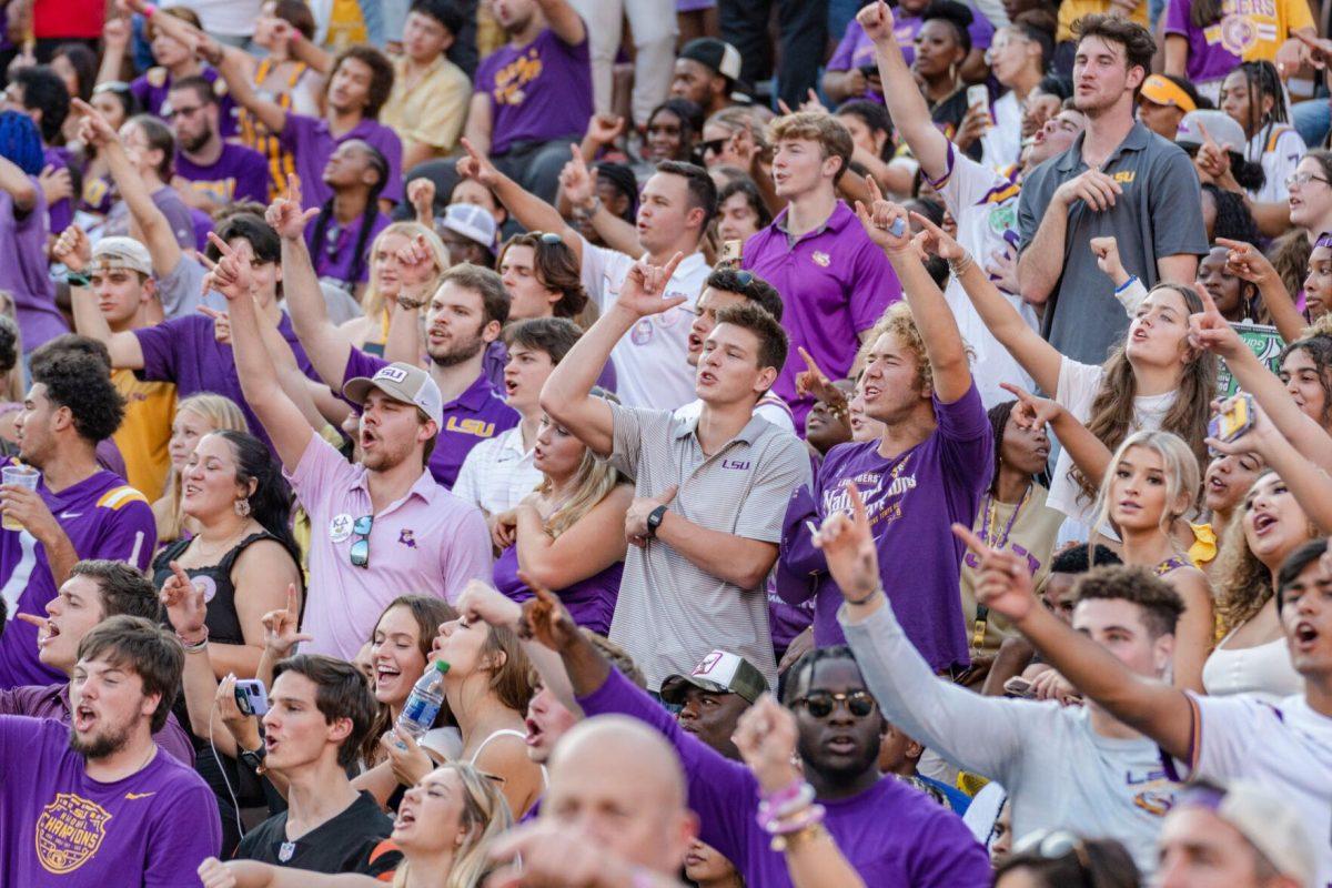 LSU students chant on Saturday, Sept. 10, 2022, before LSU&#8217;s 65-17 win over Southern at Tiger Stadium in Baton Rouge, La.