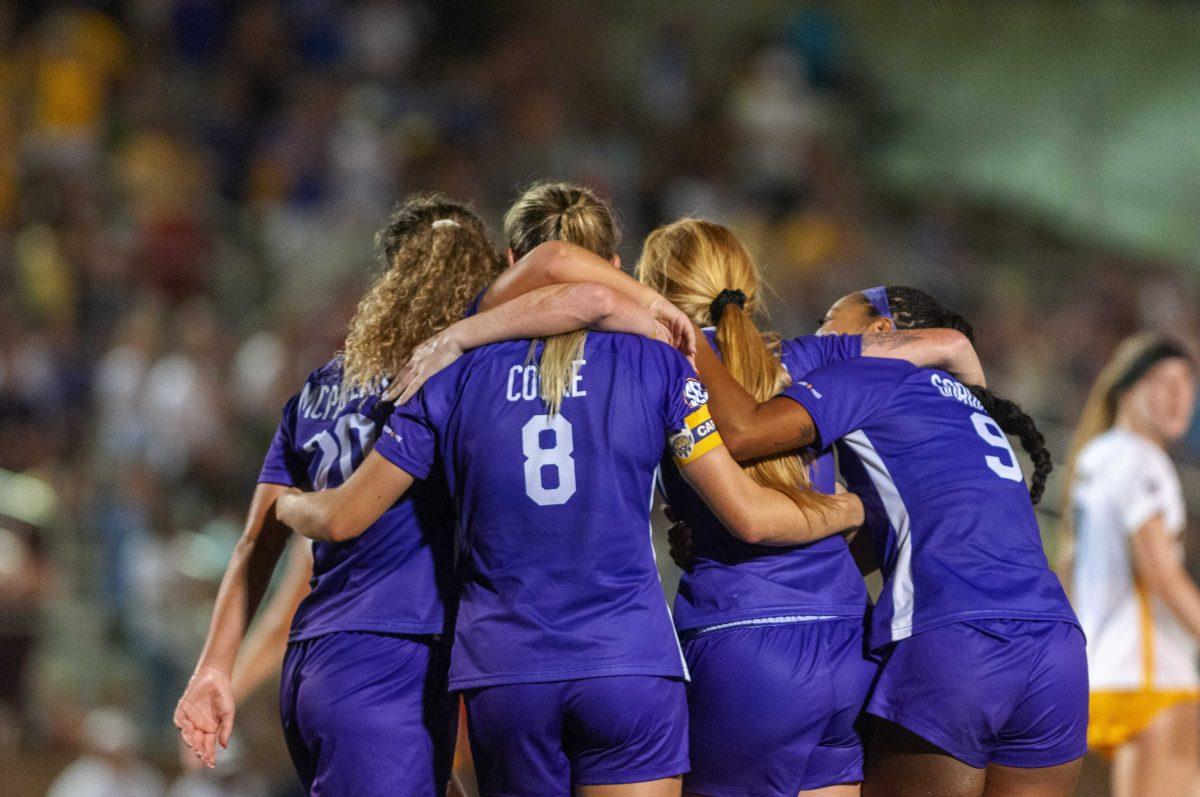 LSU soccer defenders celebrate a goal Thursday, Sept. 22, 2022, during LSU's 2-1 win against University of Missouri at LSU's Soccer Stadium off Nicholson Drive.