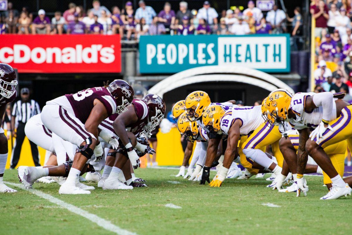 The LSU defensive line and Mississippi State offensive line prepare for the snap Saturday, Sept. 17, 2022 during LSU’s 31-16 win against Mississippi State at Tiger Stadium in Baton Rouge, La.