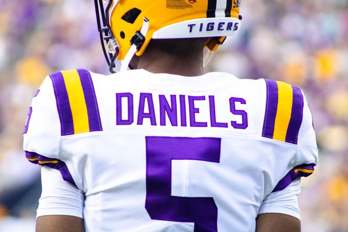LSU football junior quarterback Jayden Daniels (5) awaits to take the field Saturday, Sept. 17, 2022 during LSU’s 31-16 win against Mississippi State at Tiger Stadium in Baton Rouge, La.