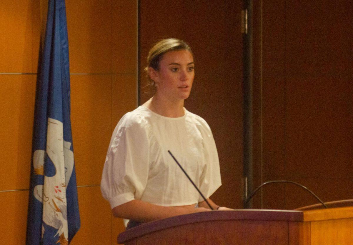 Student Government executive member Gigi Powers addresses the room on Wednesday, Aug. 31, 2022, in the Student Union in Baton Rouge, La.