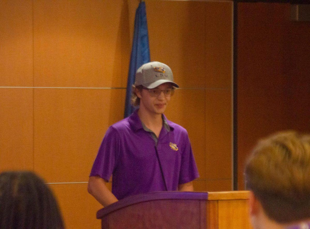 Member-at-Large candidate Ian Williams speaks to the room on Wednesday, Aug. 31, 2022, in the Student Union in Baton Rouge, La.