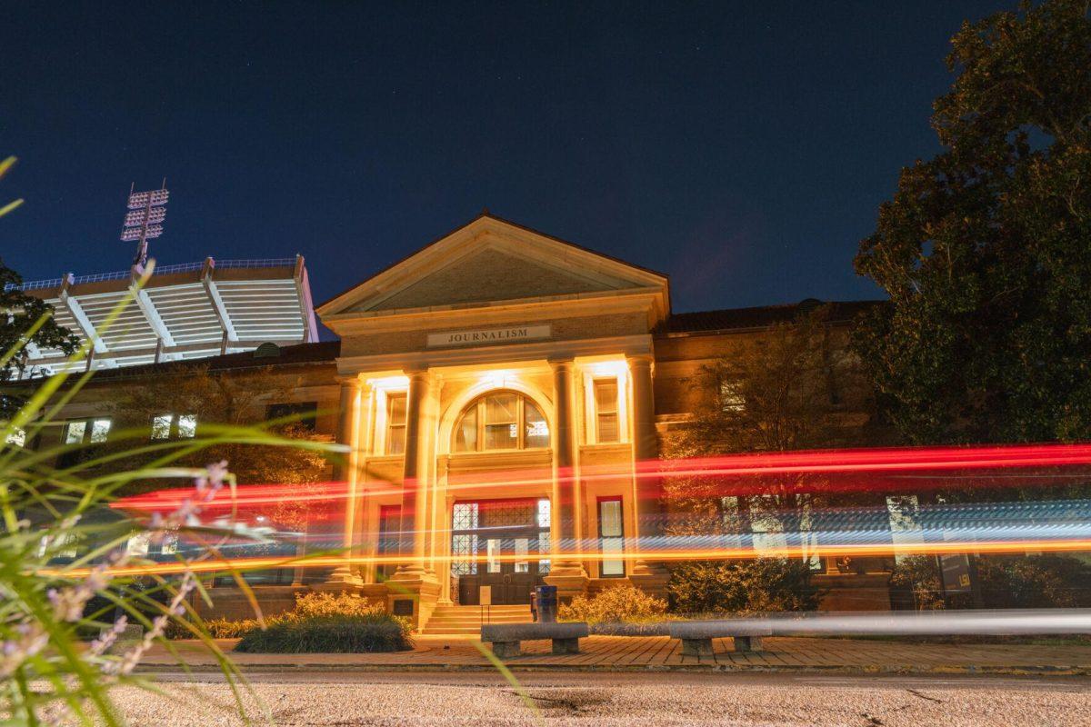 A light trail appears in front of the Journalism Building on Tuesday, Sept. 13, 2022, on Field House Drive in Baton Rouge, La.