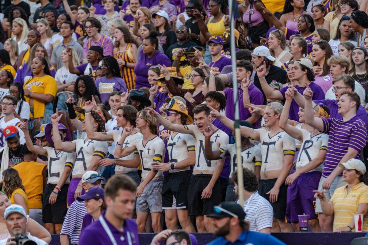 LSU students cheer from the stands on Saturday, Sept. 10, 2022, during LSU&#8217;s 65-17 win over Southern at Tiger Stadium in Baton Rouge, La.