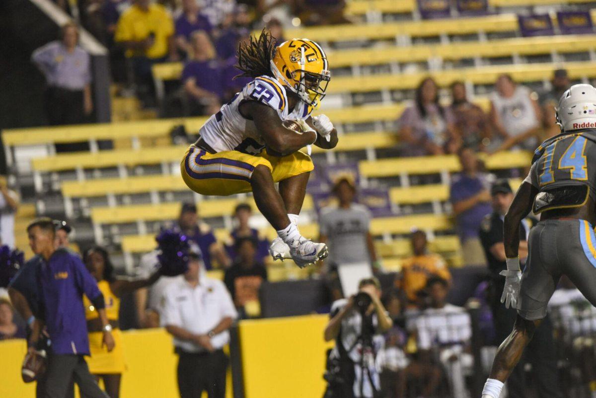LSU football sophomore Armoni Goodwin (22) jumps to catch the ball on Saturday, Sep. 10, 2022, during LSU&#8217;s 65-17 win over Southern at Tiger Stadium in Baton Rouge, La.