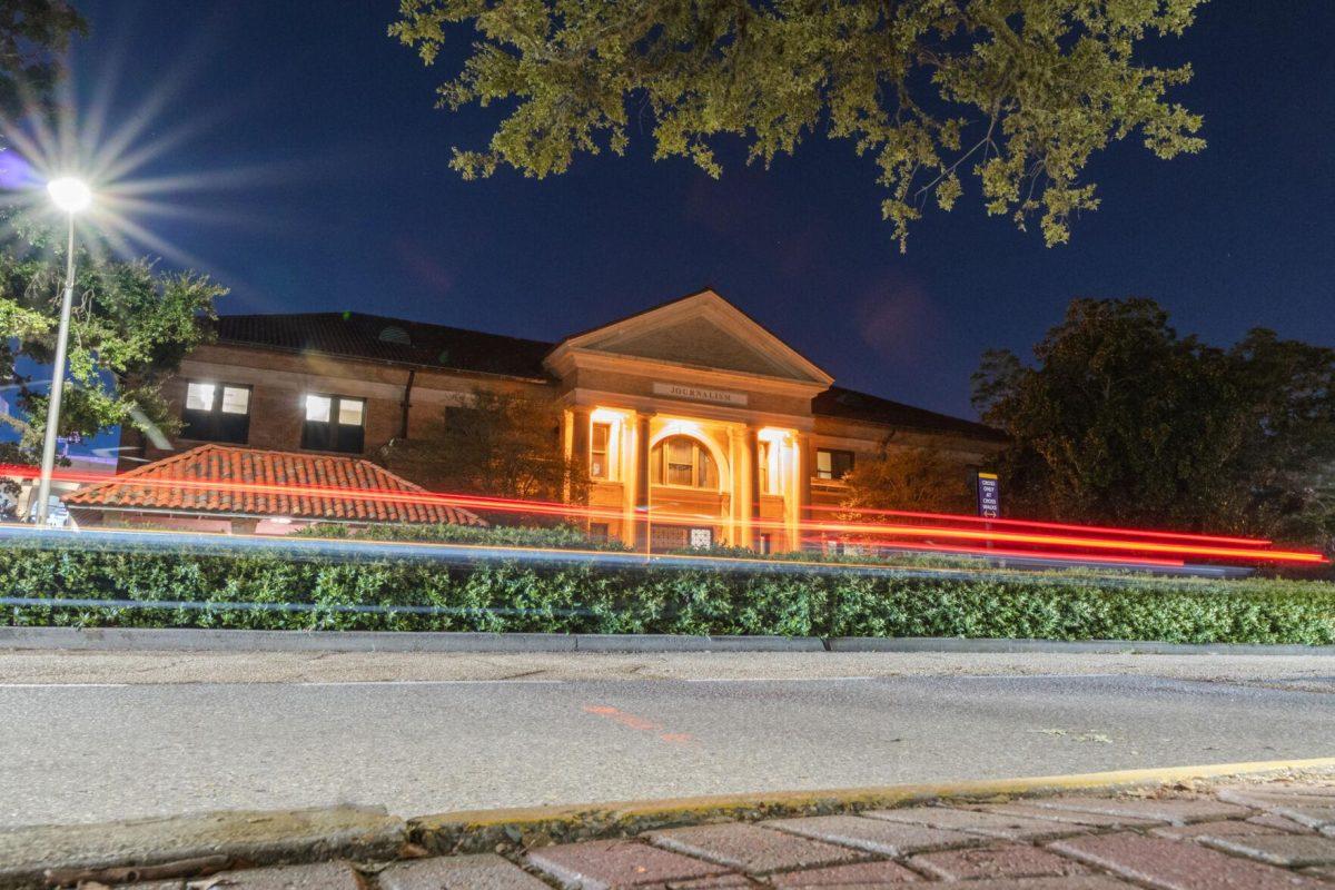 A light trail appears in front of the Journalism Building on Tuesday, Sept. 13, 2022, on Field House Drive in Baton Rouge, La.