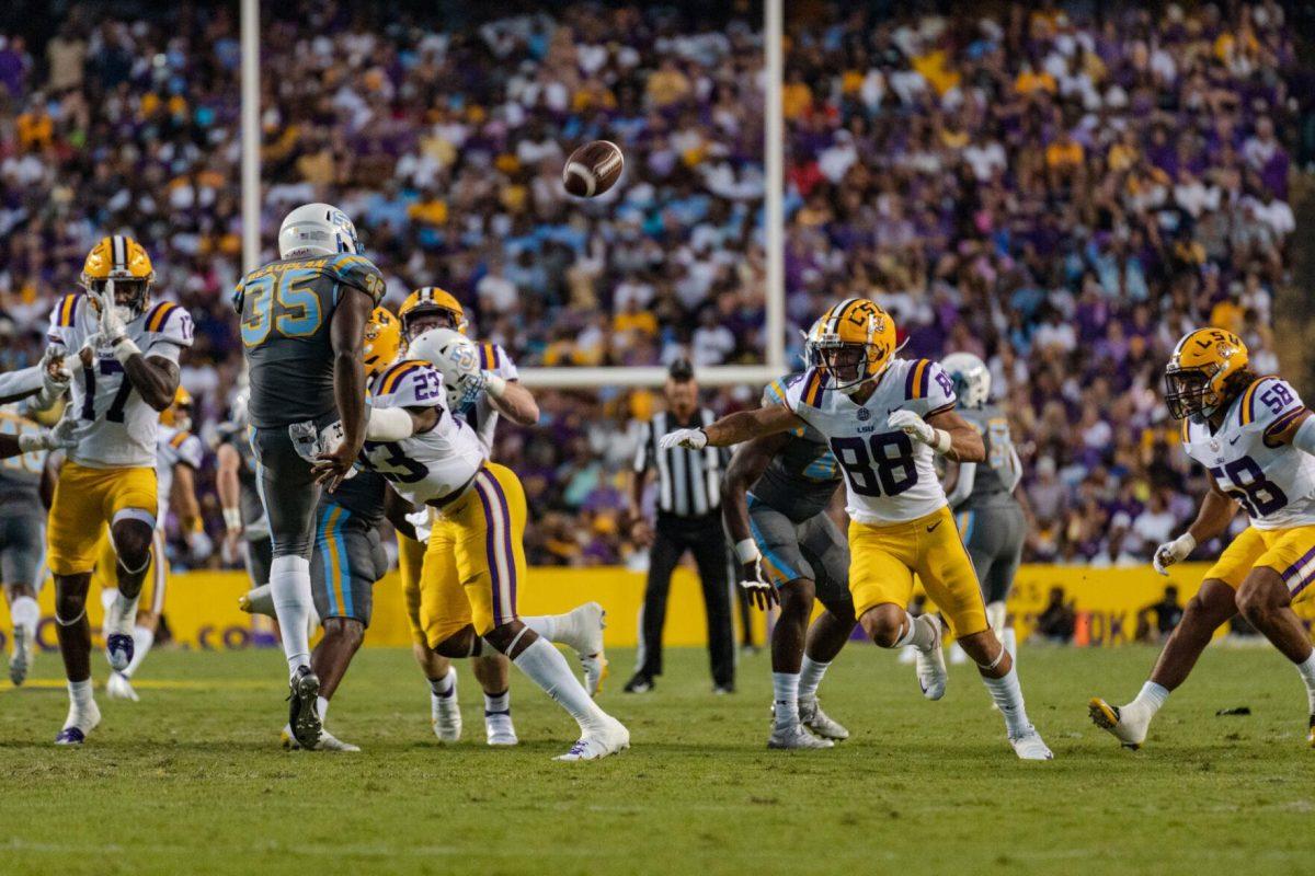 The Southern kicker pops up the ball on Saturday, Sept. 10, 2022, during LSU&#8217;s 65-17 win over Southern at Tiger Stadium in Baton Rouge, La.