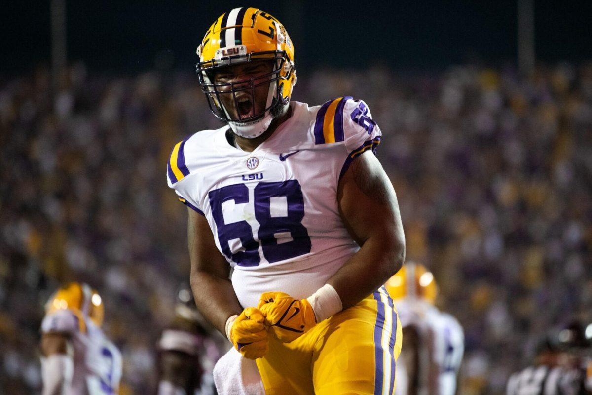 LSU football freshman offensive lineman Fitzgerald West Jr. (68) celebrates the Mississippi State muffed kick Saturday, Sept. 17, 2022 during LSU’s 31-16 win against Mississippi State at Tiger Stadium in Baton Rouge, La.