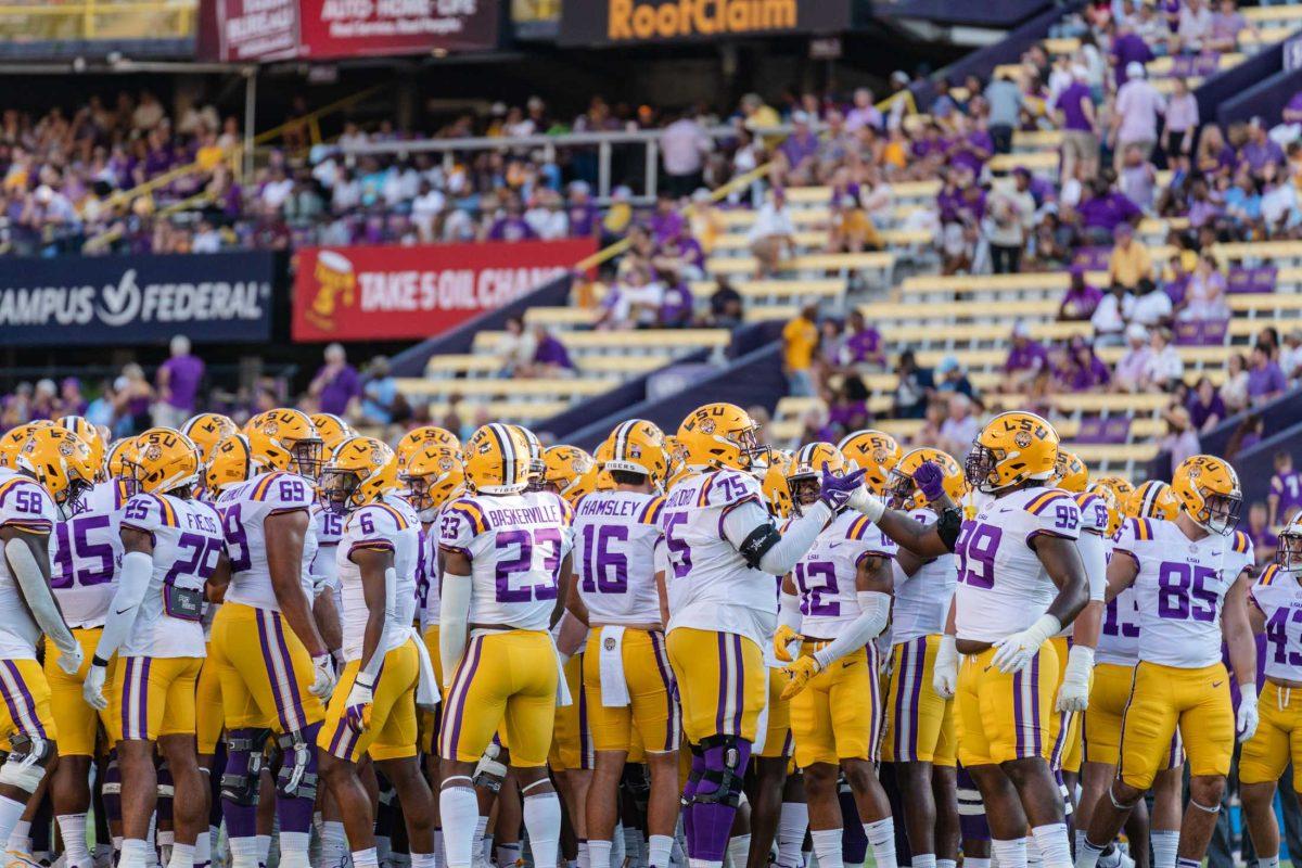 The LSU football team gathers on Saturday, Sept. 10, 2022, before LSU&#8217;s 65-17 win over Southern at Tiger Stadium in Baton Rouge, La.