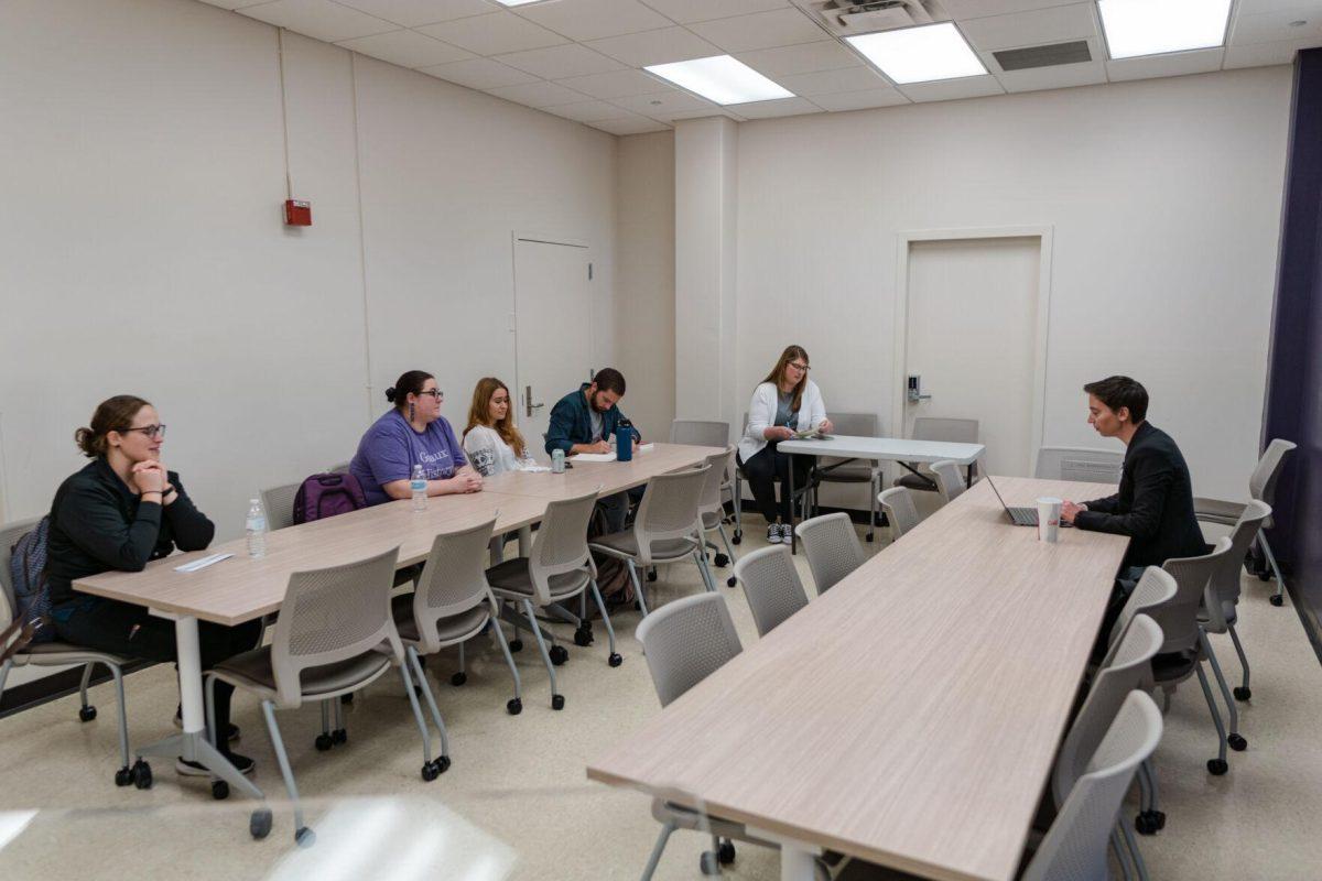 LSU Associate Professor of English Chris Barrett speaks with those in attendance on Friday, Oct. 21, 2022, at the Humanities and Social Sciences strategic meeting inside Hodges Hall on Field House Drive in Baton Rouge, La.