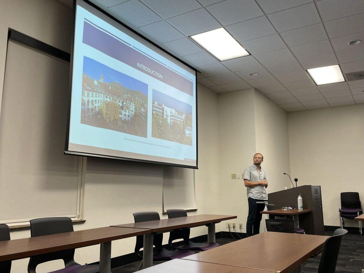 Mathias Fischer, a Ph.D student from the University of Education at Heidelberg, Germany, gives a guest lecture to Tobin Lab members in LSU Peabody Hall.&#160;