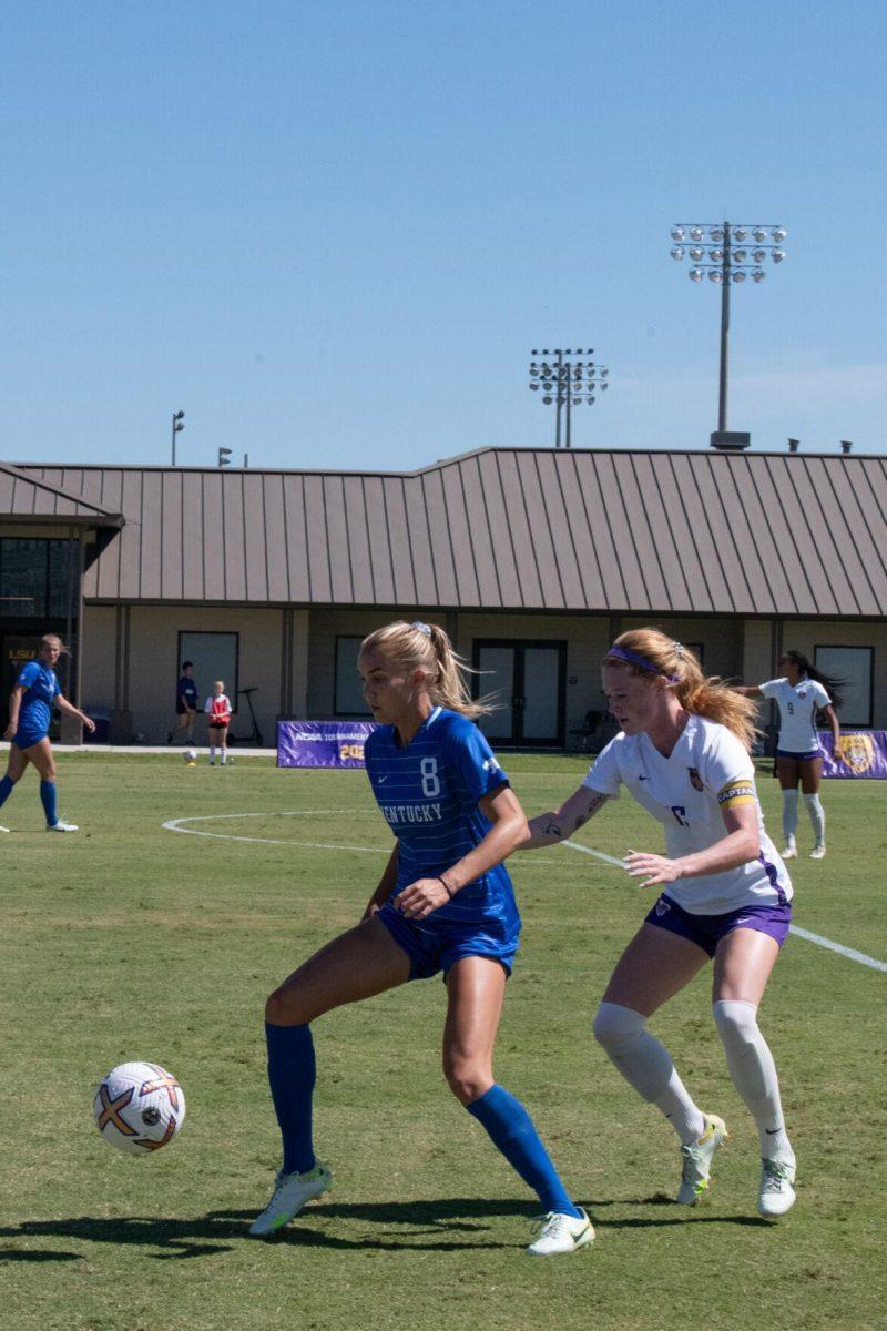 LSU soccer fifth-year senior defender Lindsi Jennings (16) guards Kentucky senior forward Hannah Richardson (8) on Sunday, Oct. 2, 2022, during LSU&#8217;s 3-2 win against University of Kentucky at LSU&#8217;s Soccer Stadium off Nicholson Drive.