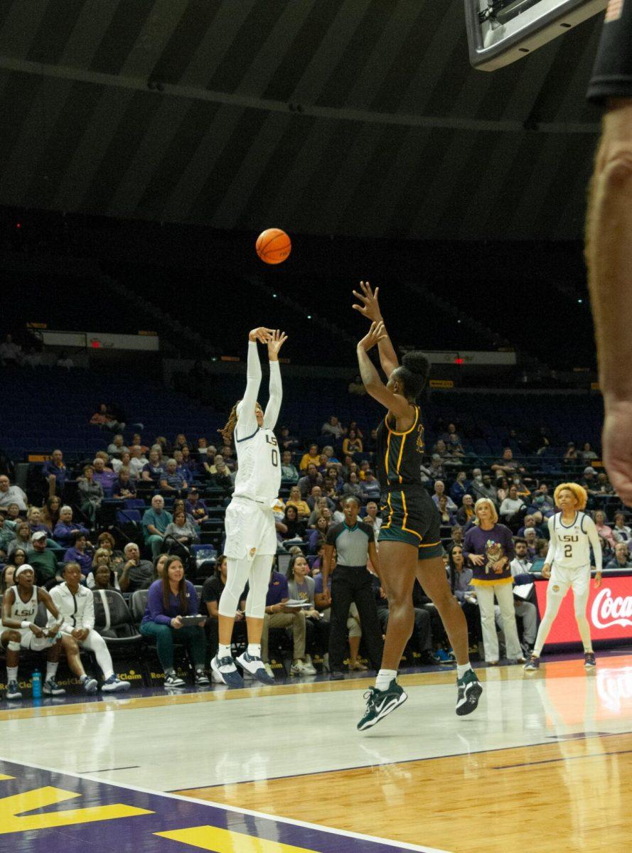 LSU women's basketball forward LaDazhia Williams shoots the ball at an exhibition game against Mississippi College on Thursday, Oct. 27, 2022, in the Pete Maravich Assembly Center on N. Stadium Drive.