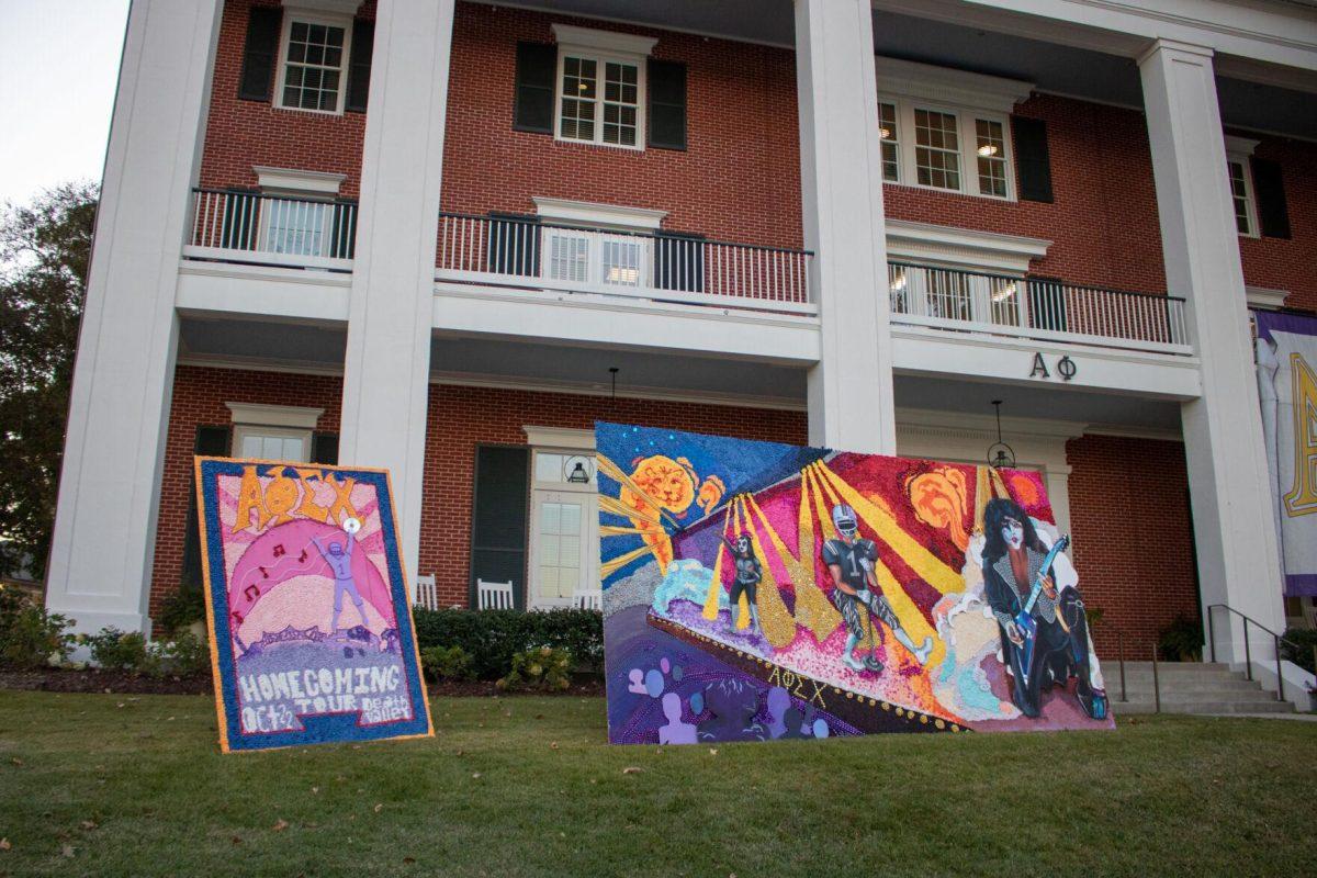 The sorority Alpha Phi's finished pomping boards for homecoming week sit outside on Thursday, Oct. 20, 2022, on West Lakeshore Drive on LSU's Campus.