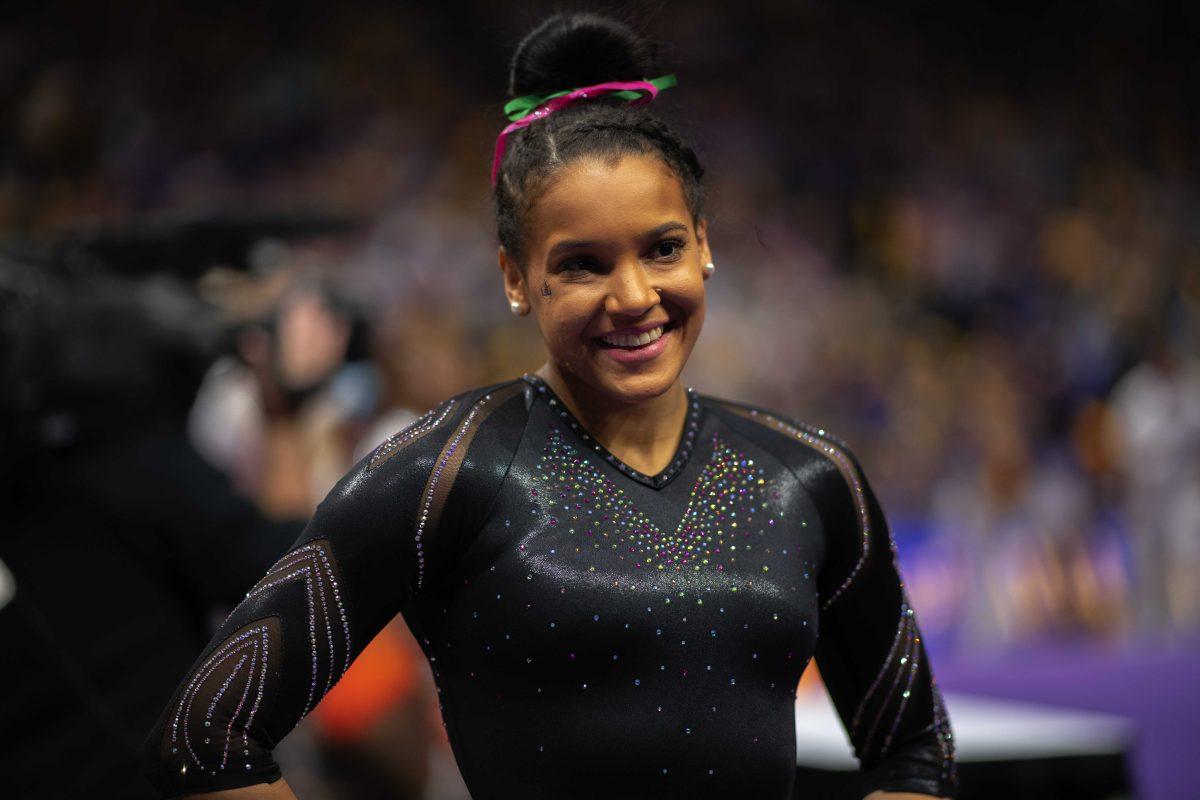 LSU gymnastics sophomore all-around Haleigh Bryant shows off the new leotard Saturday, Feb. 5, 2022 before LSU's 197.975-197.750 win over Auburn in the Pete Maravich Assembly Center on N. Stadium Drive in Baton Rouge, La.