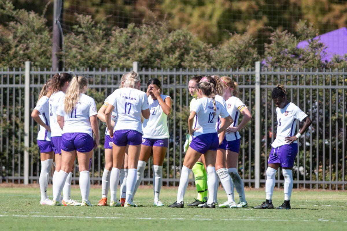 The LSU soccer team huddles together after Alabama scores another goal on Sunday, Oct. 9, 2022, during LSU&#8217;s defeat to Alabama 0-5 at LSU&#8217;s Soccer Stadium off Nicholson Drive.