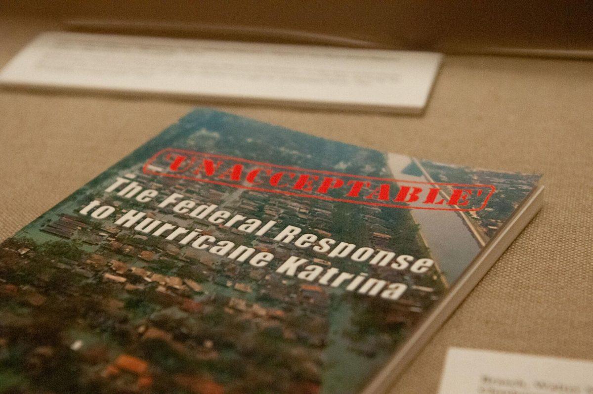 A short novel titled "Unacceptable The Federal Response to Hurricane Katrina" is featured in a display case at the Water and Louisiana Consequences with Coastal Land exhibit at Hill Memorial Library on Field House Drive in Baton Rouge, La on Tuesday, Oct. 11, 2022.