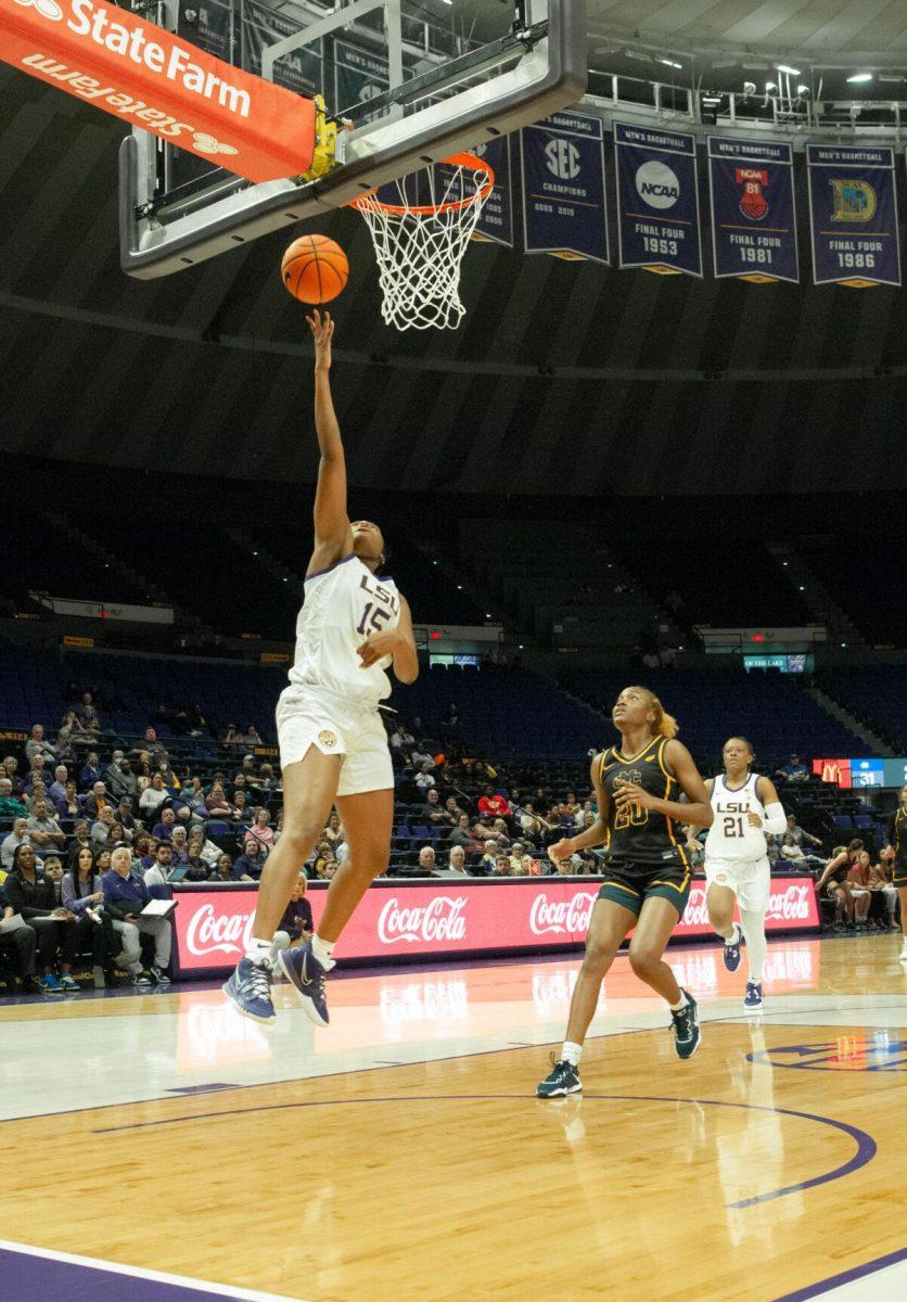 LSU women's basketball forward Alisa Williams shoots a layup at an exhibition game against Mississippi College on Thursday, Oct. 27, 2022, in the Pete Maravich Assembly Center on N. Stadium Drive.