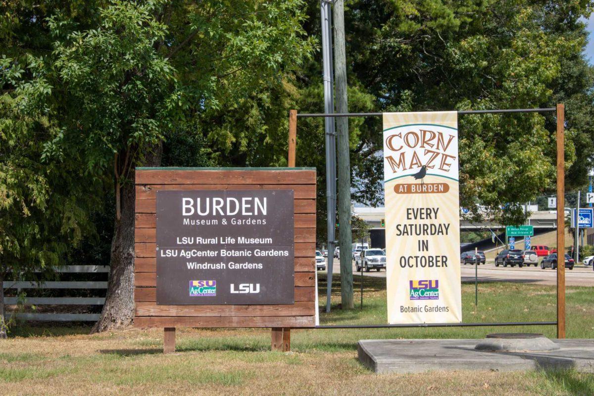 A sign at the entrance of the Botanic Gardens states the corn maze will be open every Saturday in October on Wednesday, Oct. 12, 2022, on Essen Ln. in Baton Rouge, La.