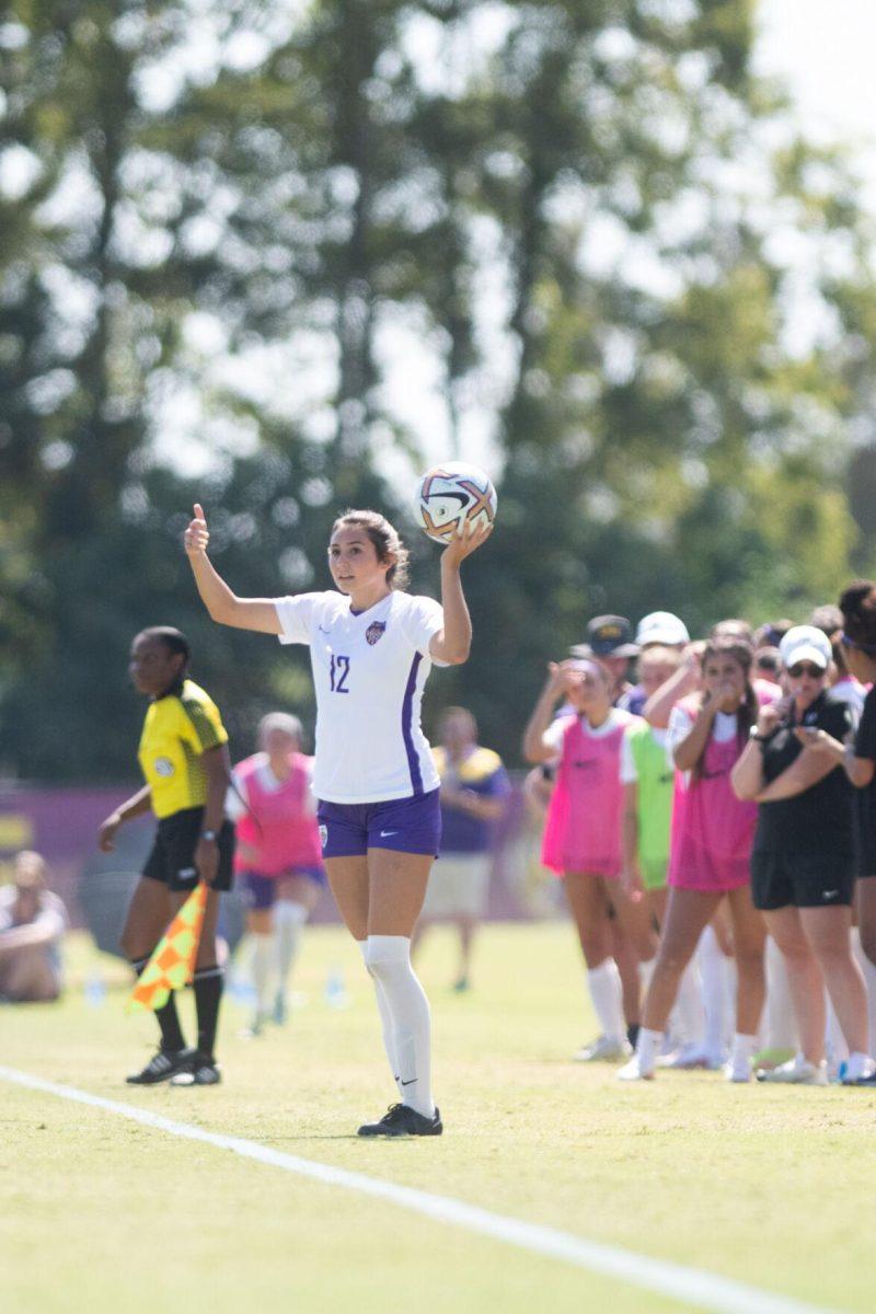 LSU soccer freshman defender Laney Gonzales (12) prepares for a throw-in on Sunday, Oct. 9, 2022, during LSU&#8217;s defeat to Alabama 0-5 at LSU&#8217;s Soccer Stadium off Nicholson Drive.