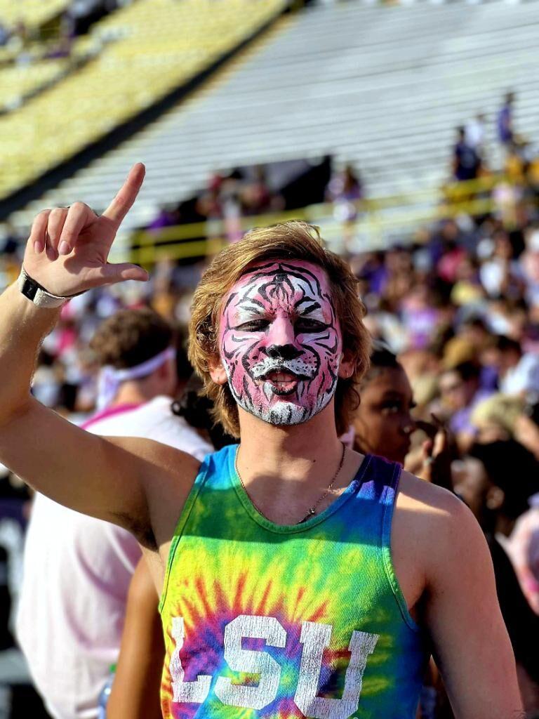 LSU Sophomore Will Woodward attends the LSU vs. Tennessee Football game with a pink-tiger face paint.&#160;