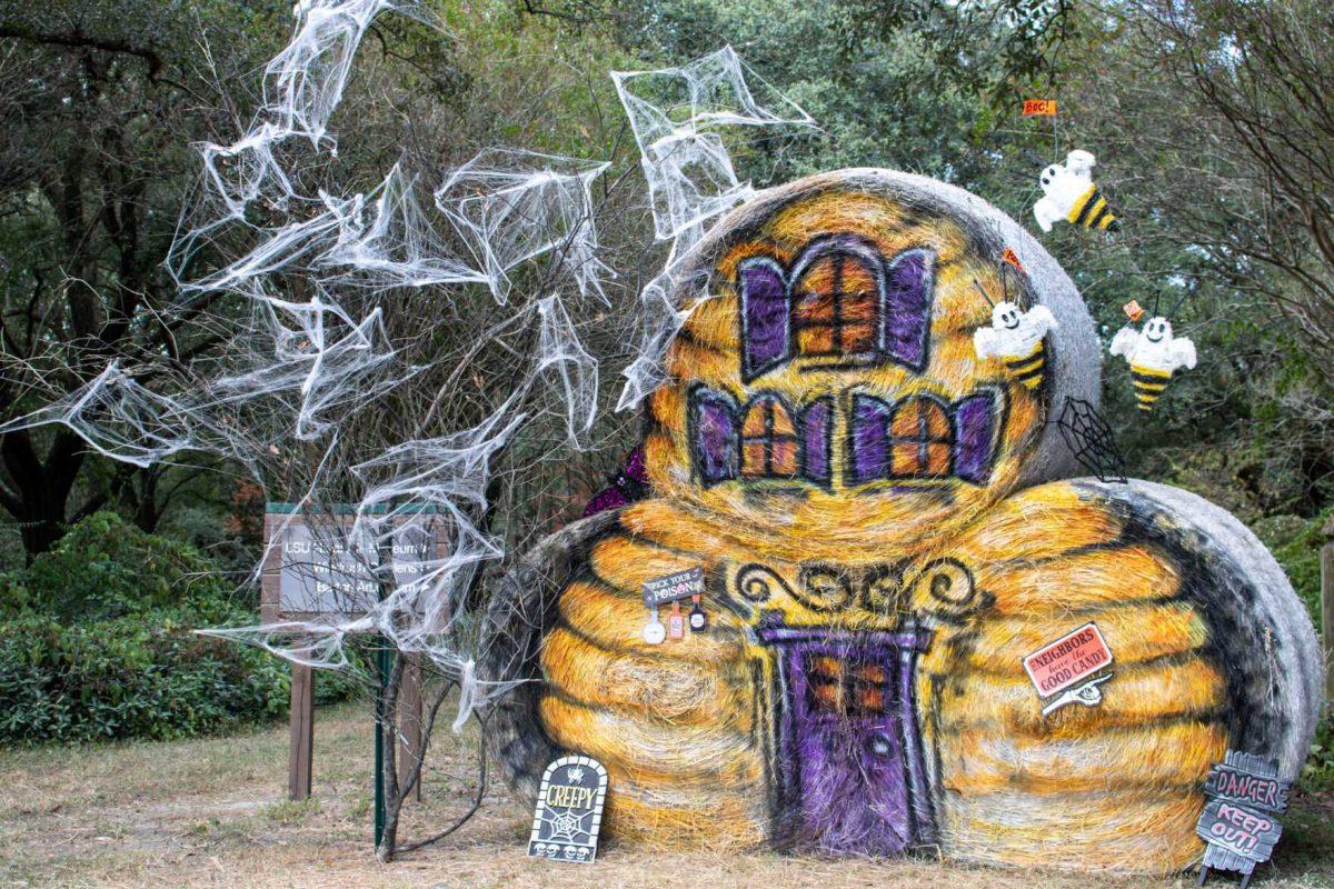 Bales of hay decorated as a haunted house sits at the end of the trail at the Botanic Gardens on Wednesday, Oct. 12, 2022, on Essen Ln. in Baton Rouge, La.