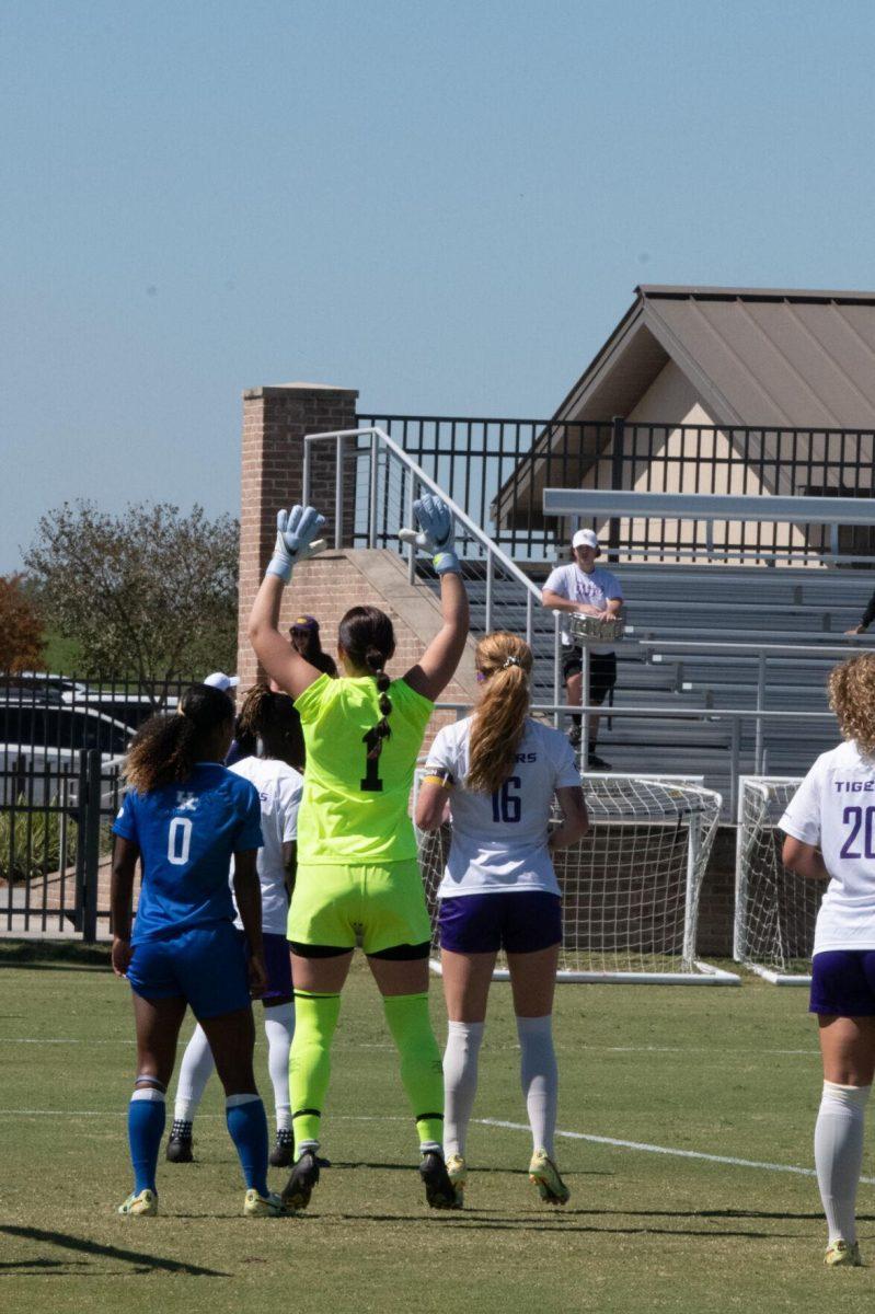 LSU soccer senior goalkeeper Mollee Swift (1) jumps up before a corner kick on Sunday, Oct. 2, 2022, during LSU&#8217;s 3-2 win against University of Kentucky at LSU&#8217;s Soccer Stadium off Nicholson Drive.