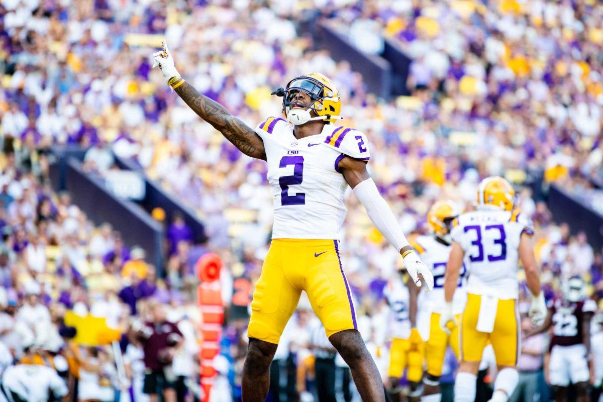 LSU football junior cornerback Mekhi Garner (2) celebrates the defensive stop Saturday, Sept. 17, 2022 during LSU&#8217;s 31-16 win against Mississippi State at Tiger Stadium in Baton Rouge, La.