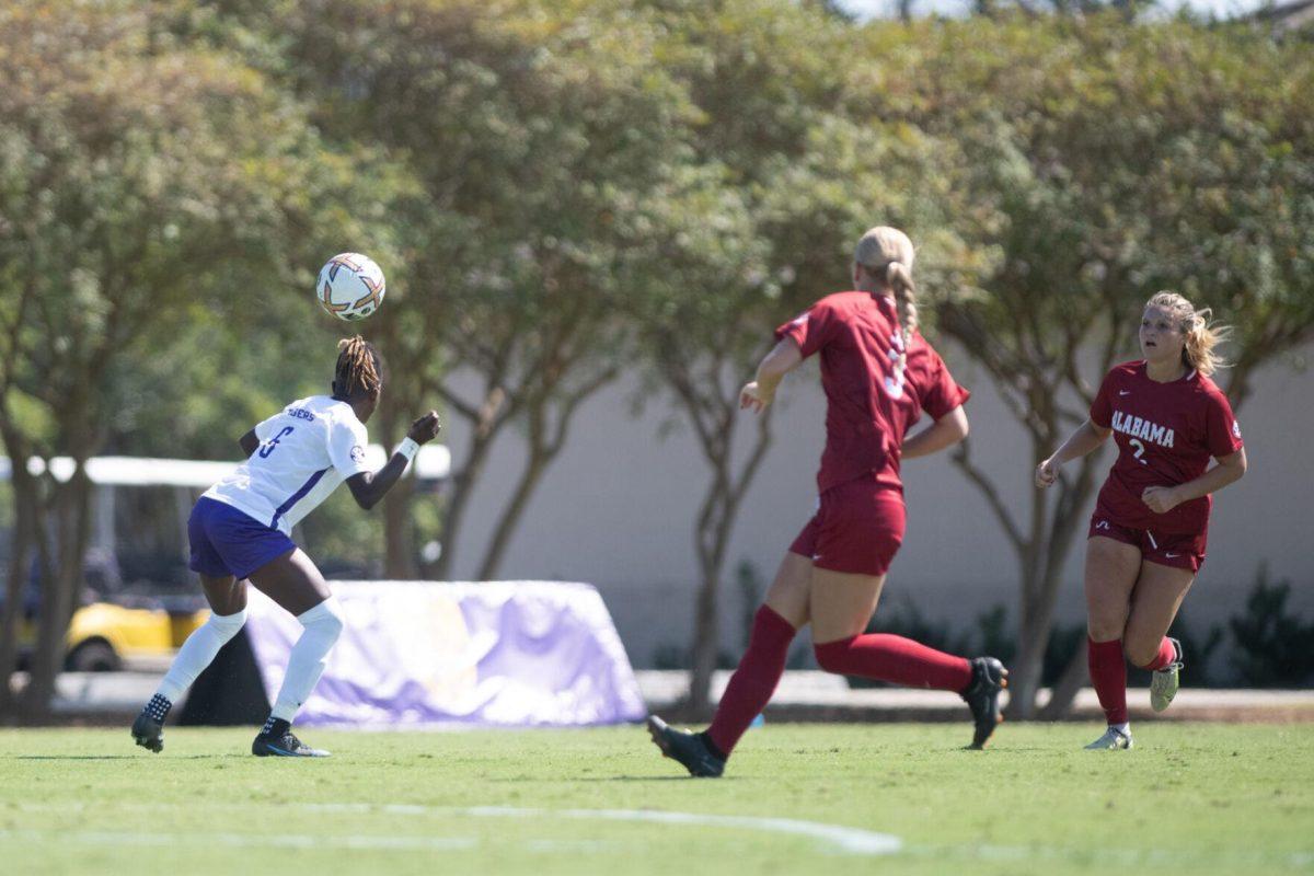 LSU soccer midfielder Wasila Diwura-Soale (6) heads the ball on Sunday, Oct. 9, 2022, during LSU&#8217;s defeat to Alabama 0-5 at LSU&#8217;s Soccer Stadium off Nicholson Drive.