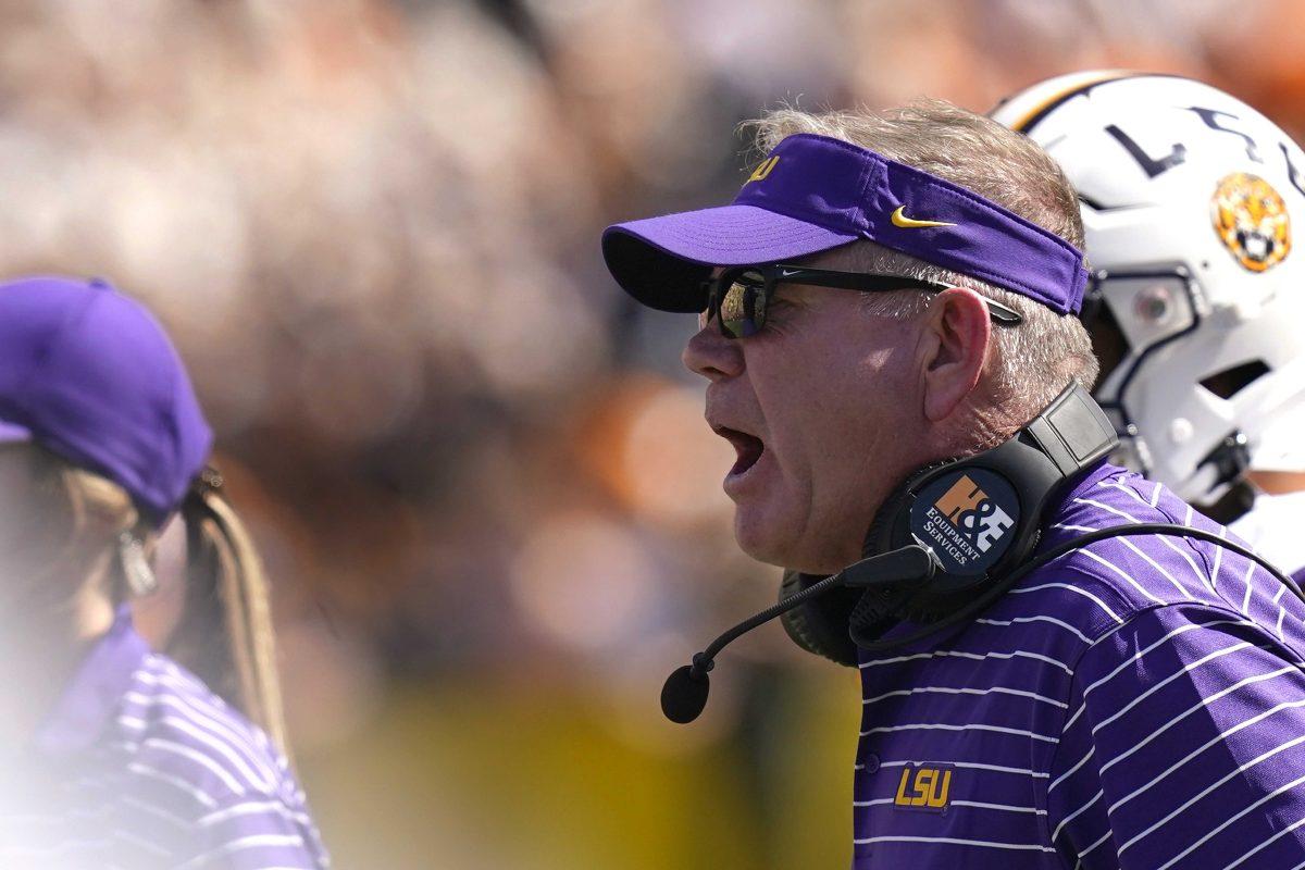 LSU head coach Brian Kelly calls out from the sideline in the second half of an NCAA college football game against Tennessee in Baton Rouge, La., Saturday, Oct. 8, 2022. Tennessee won 40-13.(AP Photo/Gerald Herbert)