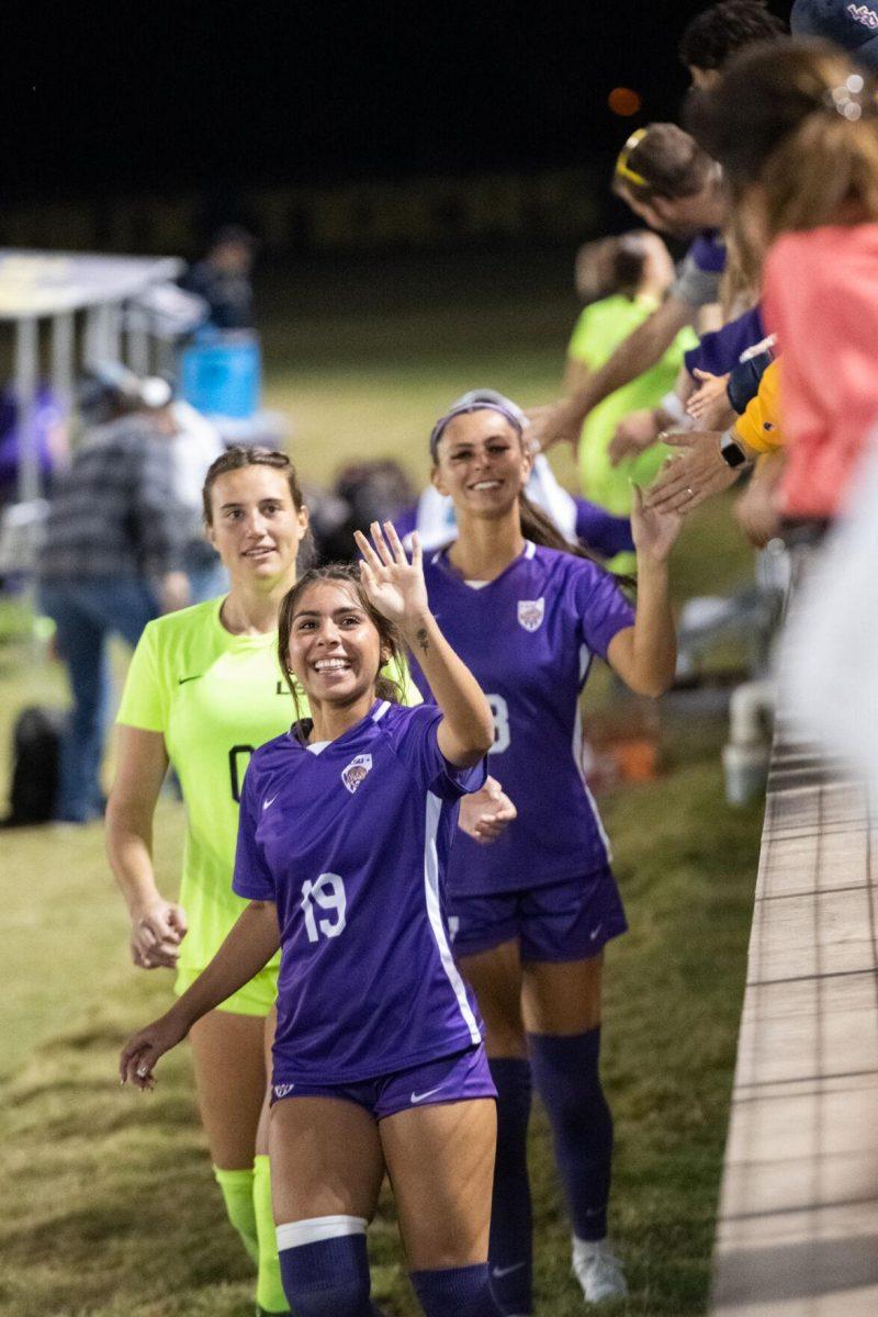 LSU soccer freshman midfielder Danielle Shannon (19) waves to the fans on Thursday, Oct. 27, 2022, after LSU&#8217;s 4-1 victory against Ole Miss at LSU&#8217;s Soccer Stadium off of Nicholson Drive.