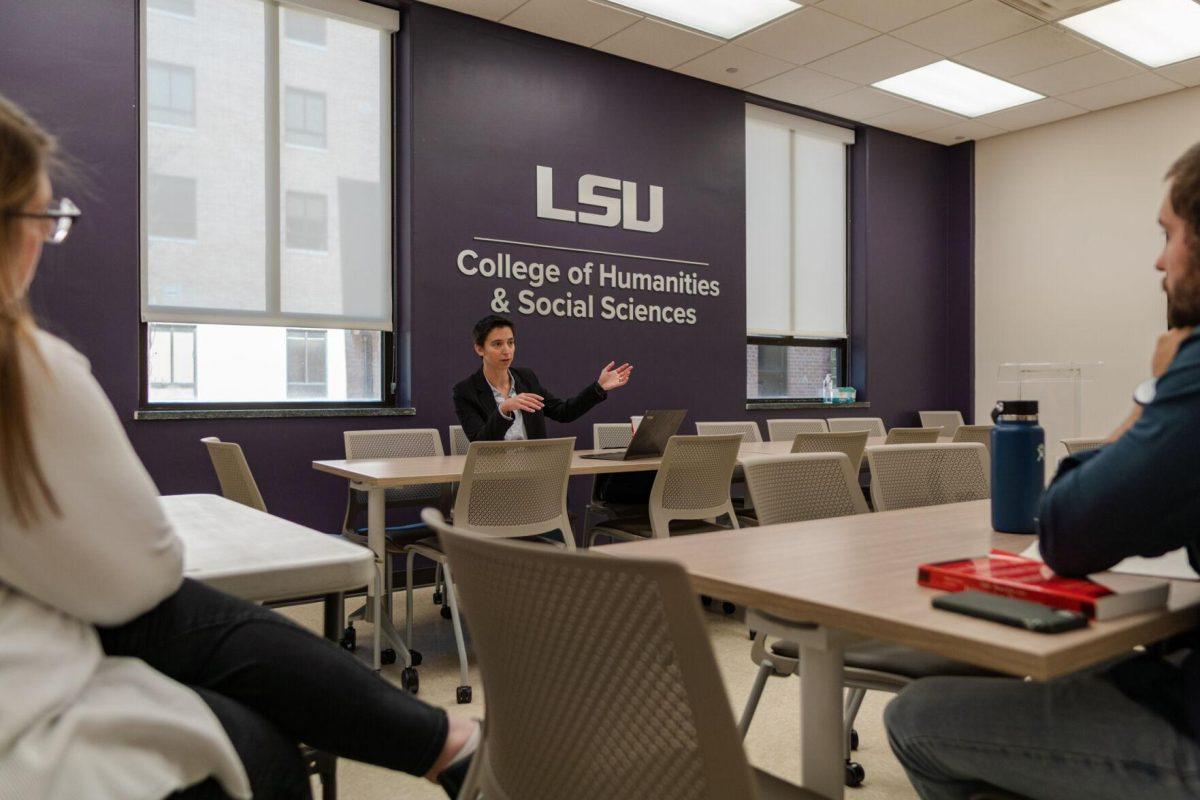 LSU Associate Professor of English Chris Barrett speaks with those in attendance on Friday, Oct. 21, 2022, at the Humanities and Social Sciences strategic meeting inside Hodges Hall on Field House Drive in Baton Rouge, La.