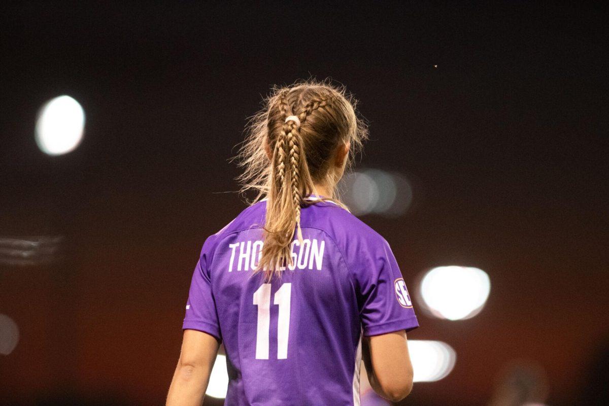 LSU soccer freshman forward Angelina Thoreson (11) looks down the field on Thursday, Oct. 27, 2022, during LSU&#8217;s 4-1 victory against Ole Miss at LSU&#8217;s Soccer Stadium off of Nicholson Drive.