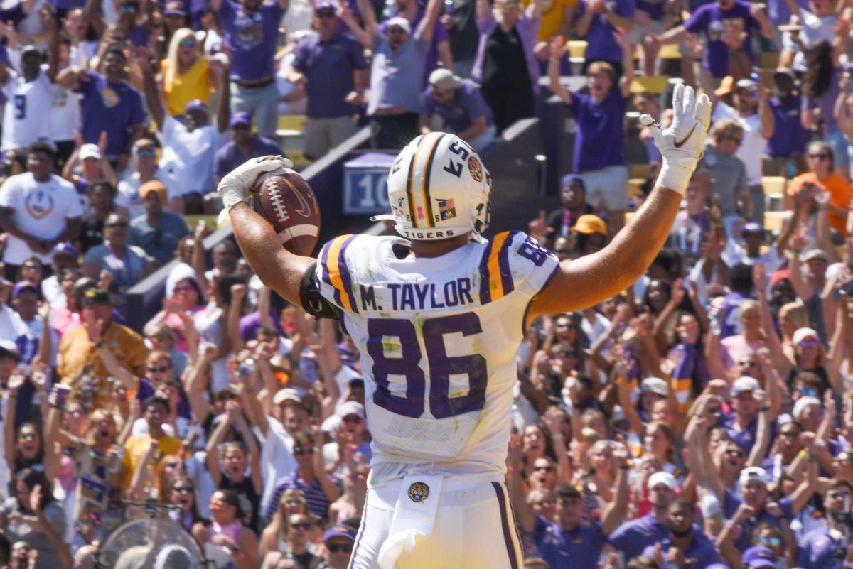 LSU football freshman tight end Mason Taylor (86) celebrates on Saturday, Oct. 8, 2022, during Tennessee&#8217;s 40-13 victory over LSU in Tiger Stadium.