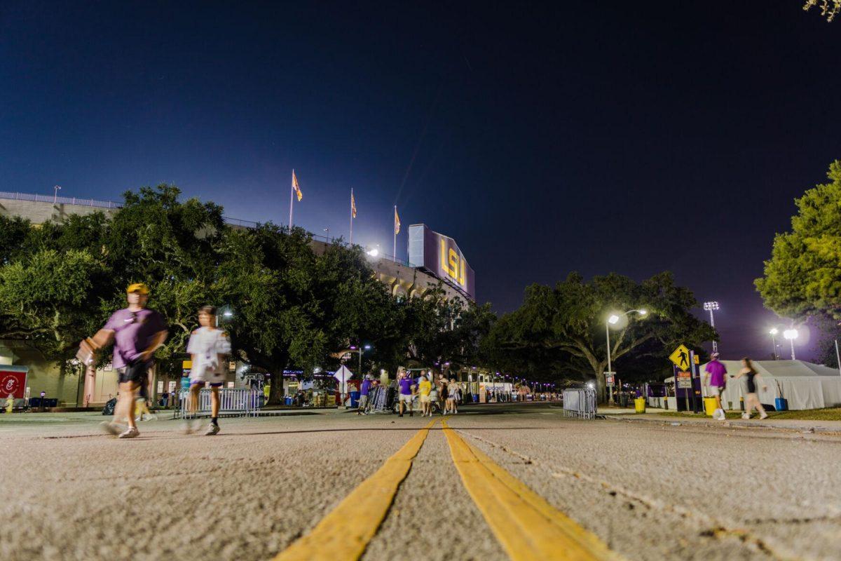 Fans leave Tiger Stadium on Saturday, Sept. 24, 2022, during halftime at the LSU vs. New Mexico game.