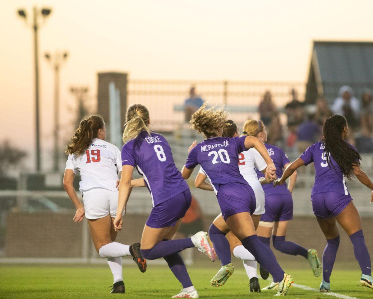 LSU soccer fifth-year seniors Shannon Cooke (8) and Brenna McPartlan (20) run for the ball on Thursday, Oct. 27, 2022, during LSU&#8217;s 4-1 victory against Ole Miss at LSU&#8217;s Soccer Stadium off of Nicholson Drive.