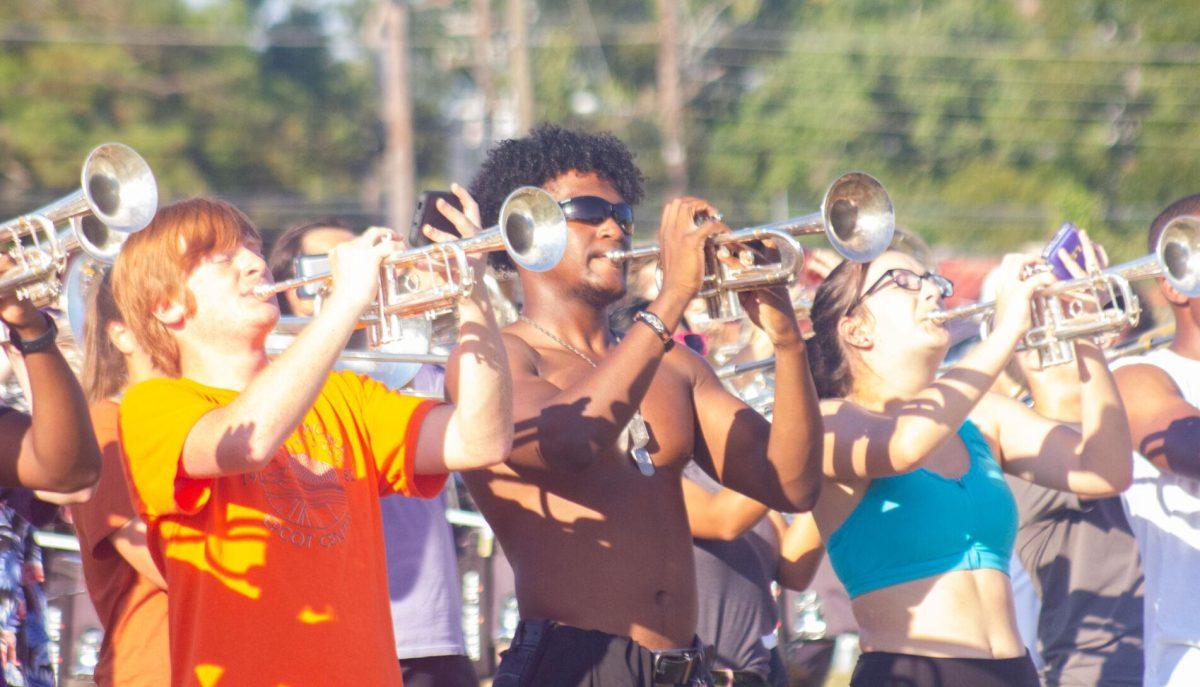 LSU trumpet players form a line on Thursday, Oct. 6, 2022, at the LSU Band Hall on Aster Street in Baton Rouge, La.