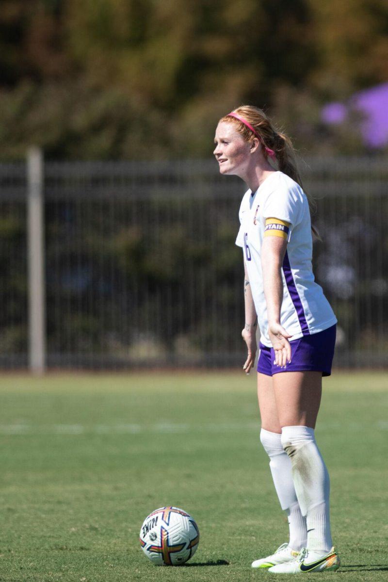 LSU soccer fifth-year senior defender Lindsi Jennings (16) challenges a call on Sunday, Oct. 9, 2022, during LSU&#8217;s defeat to Alabama 0-5 at LSU&#8217;s Soccer Stadium off Nicholson Drive.