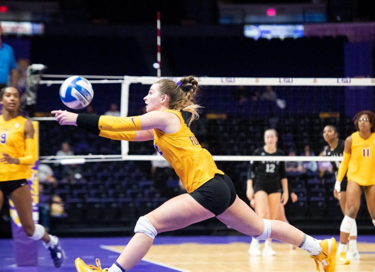 LSU volleyball junior outside hitter Paige Flickinger (2) hits the ball on Sunday, Oct. 30, 2022, during LSU&#8217;s 3-2 loss to Mississippi State at the Pete Maravich Assembly Center in Baton Rouge, La.