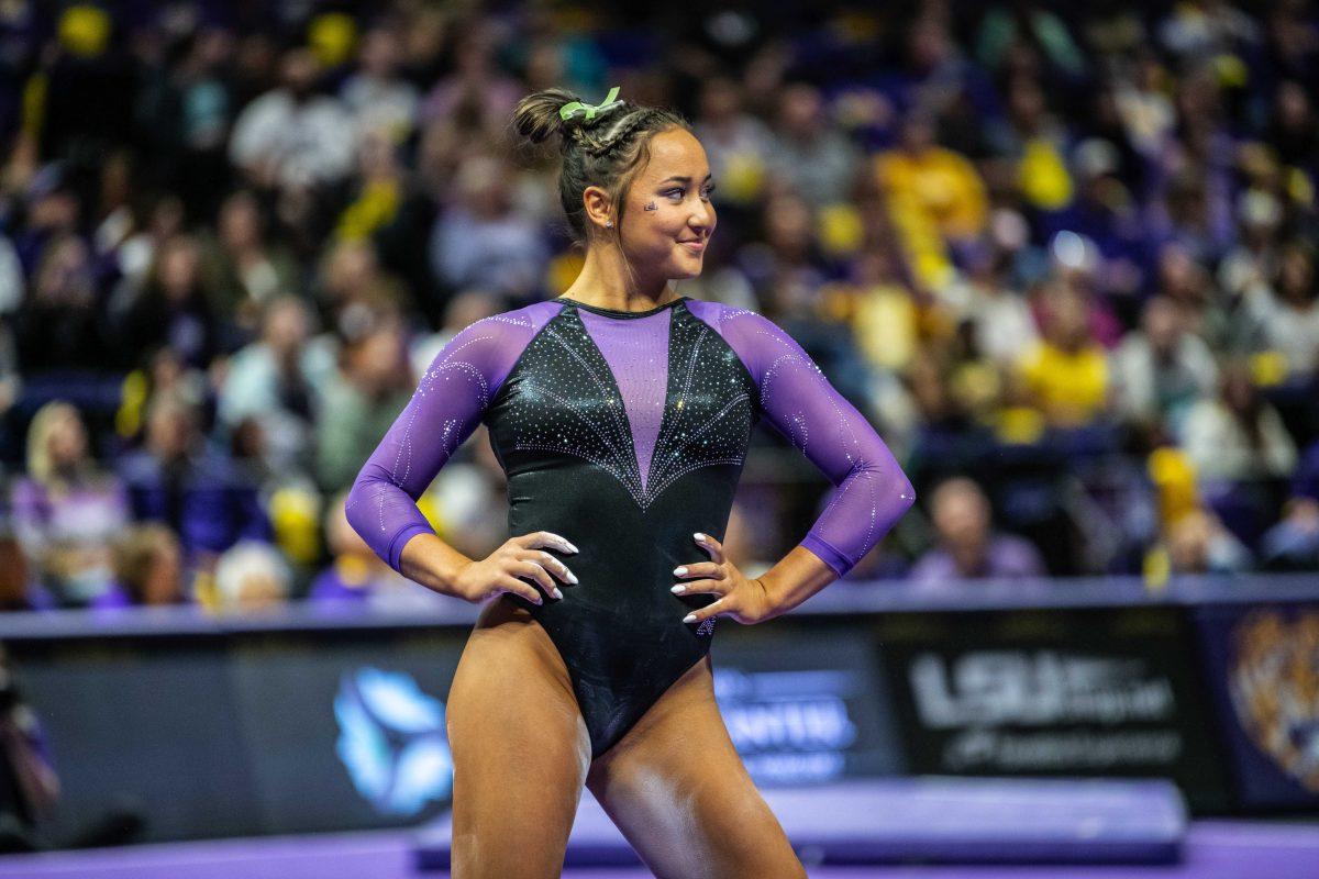 LSU gymnastics all-round freshmen Aleah Finnegan strikes a pose Friday, March 11, 2022 during LSU's 198.125-197.875 win over University of Utah in the Pete Maravich Assembly Center on N. Stadium Drive in Baton Rouge, La.