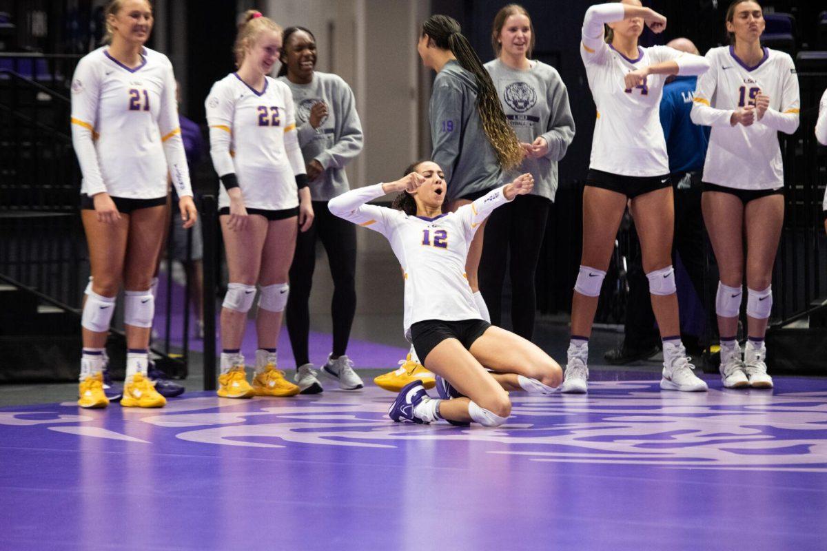 LSU volleyball middle blocker Alia Williams (12) celebrates a point from the side on Saturday, Oct. 29, 2022, during LSU&#8217;s 3-2 victory against Mississippi State at the Pete Maravich Assembly Center in Baton Rouge, La.