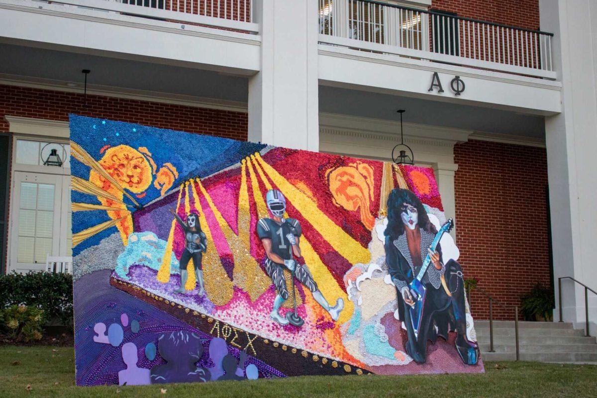 Alpha Phi's finished pomped board sits outside their house on Thursday, Oct. 20, 2022, on West Lakeshore Drive on LSU's Campus.